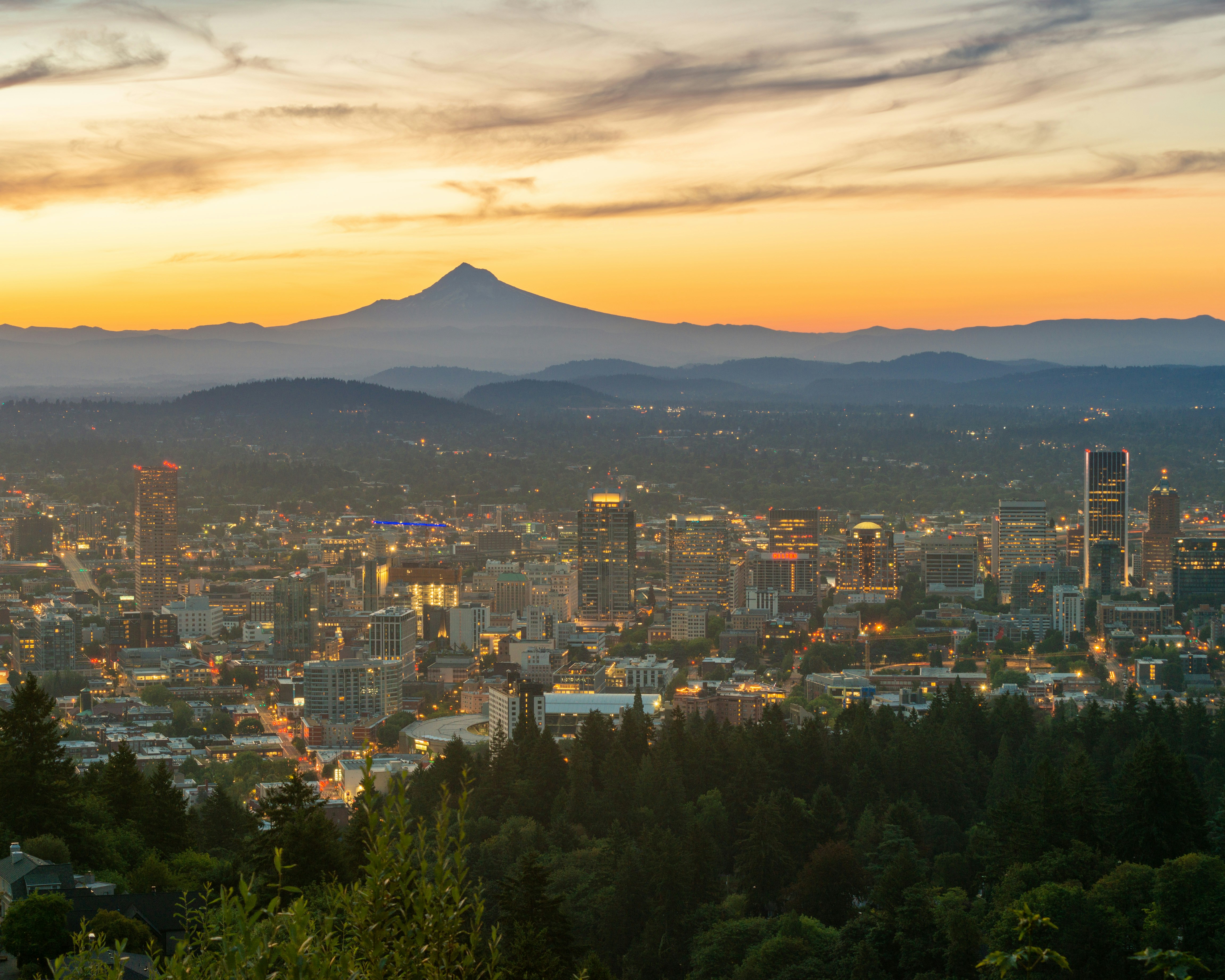 View of Mount Hood and Portland at sunset